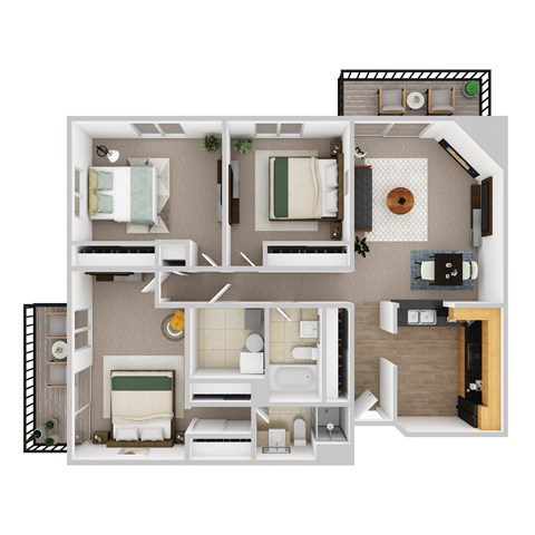 Floor plan for 3 beds, 2 baths, 1294 sqft